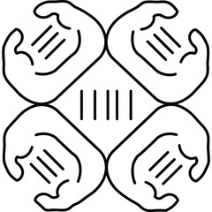 Obraz premium Minimalist Black & White Line Art: Four Symmetrical Hands Forming Abstract Pattern with Central Vertical Lines, Symbolizing Unity, Connection, Teamwork, Charity, Support, Offering, Receiving, Intercon