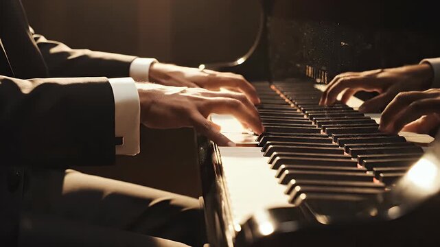piano keys close-up fingers playing glossy black surface reflection