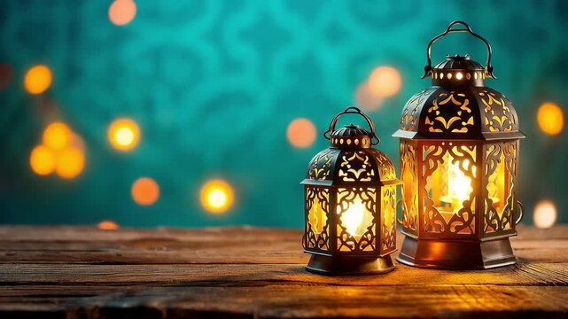 Two decorative metal lanterns with glowing light on wooden table  warm ambiance