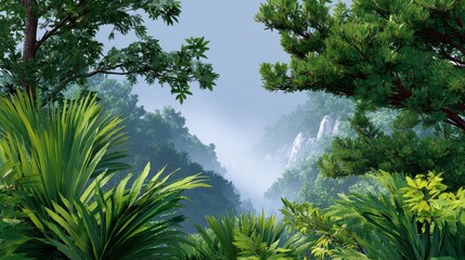 Lush Tropical Rainforest Landscape with Morning Mist and Diverse Foliage.