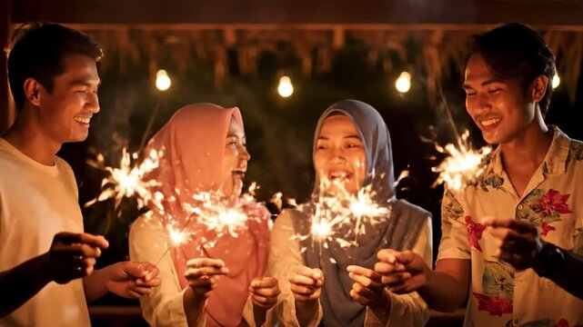 Four friends, including two young women wearing hijabs and two young men, smiling and holding sparklers at night with string lights in the background, celebrating Eid al-Fitr or Mubarak.