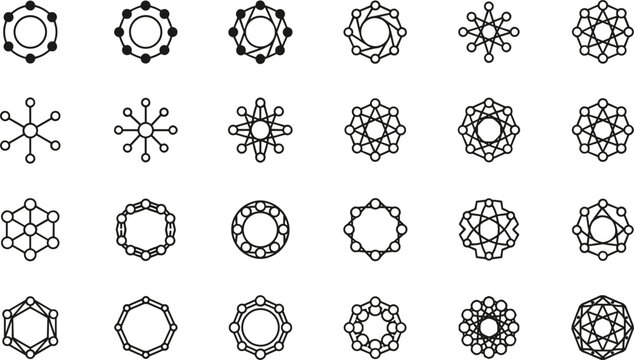 Abstract geometric network symbol icon set circular molecular shapes flat vector illustration for technology science design branding background