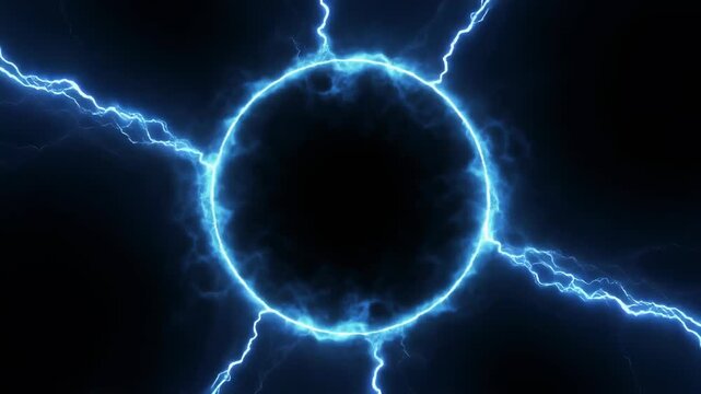 Glowing blue electric ring abstract background animation, surrounded by lightning storm in d