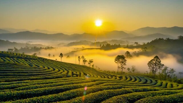 Observing Sunrise Over Misty Terraced Fields in serene mountains