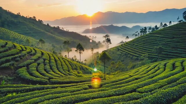 Exploring rolling tea fields at sunrise with mist and hills