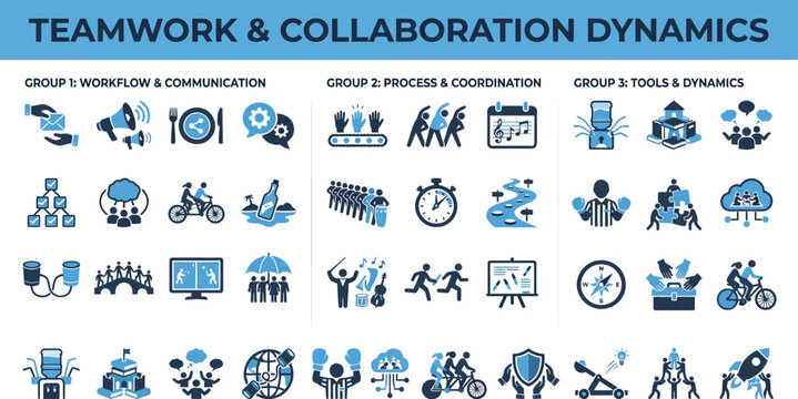 Teamwork and Collaboration Solid Vector Icon Set &mdash; Communication, Coordination, Leadership, Meeting, Project Management, Strategy, Team Building, Workflow, Partnership