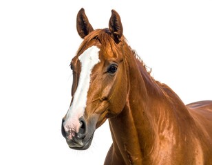 Fototapeta premium Chestnut horse with white blaze marking on face, isolated on a white background, angled view