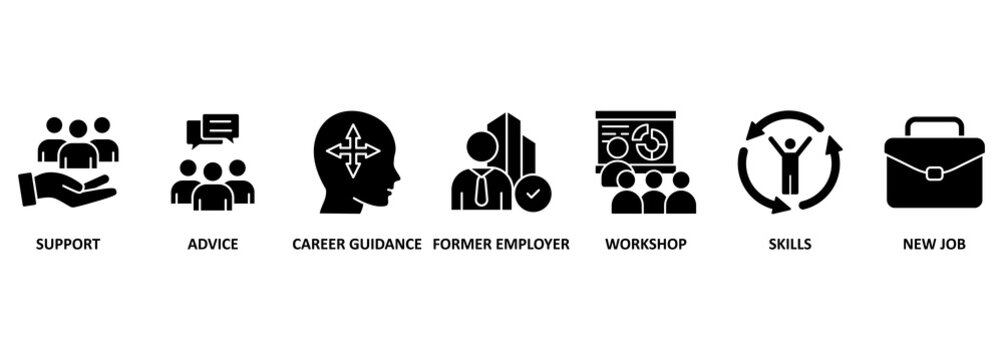 Outplacement banner web icon vector illustration concept with icon of support, advice, career guidance, former employer, workshop, skills, new job, training, and presentation 