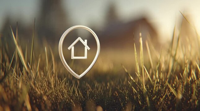 Finding a new home concept with a location pin icon in a serene grassy field during a warm sunset