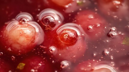 Macro Close Up of Sparkling Red Cranberry Sauce with Bubbles in Glass Bowl for Thanksgiving and Christmas