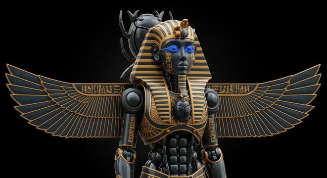 Ancient egyptian pharaoh statue with winged solar disk and uraeus symbolism