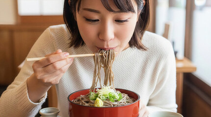 出雲蕎麦を美味しそうに食べる若い女性