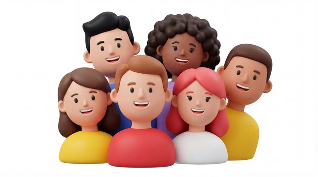 Diverse Group of 3D Cartoon People Smiling Together.