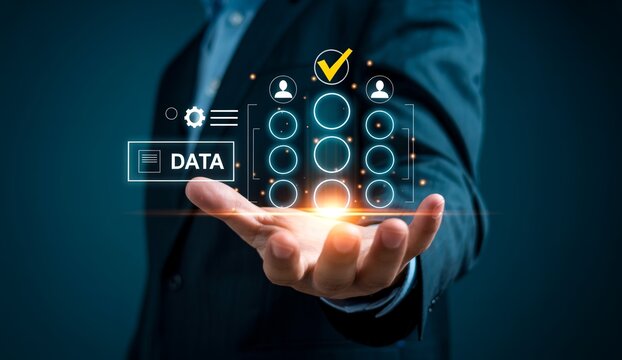 Professional man presenting digital data interface with yellow checkmark icon and social media user symbols