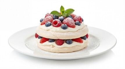 Meringue cake with berries and mint in bright studio lighting on white plate for dessert advertising.