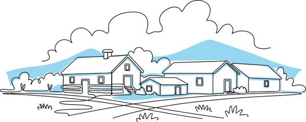 Houses in a rural setting with mountains