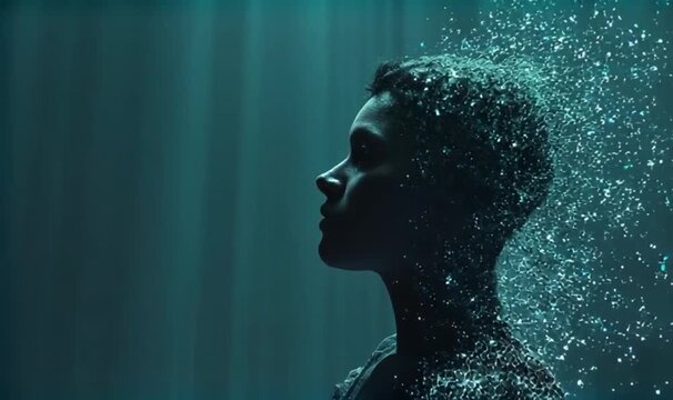 Striking video of a person's profile transforming into digital particles