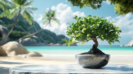 Bonsai tree in marble plant on tropical beach