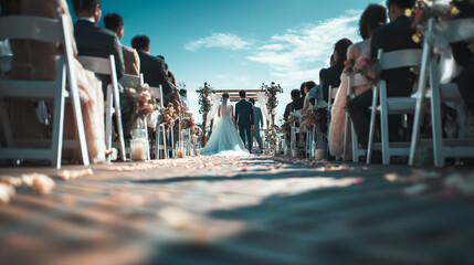 Obraz premium A bride and groom walk down the aisle at an outdoor wedding ceremony