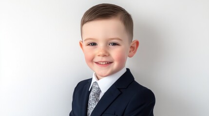 Elegant young boy in formal attire smiling at camera