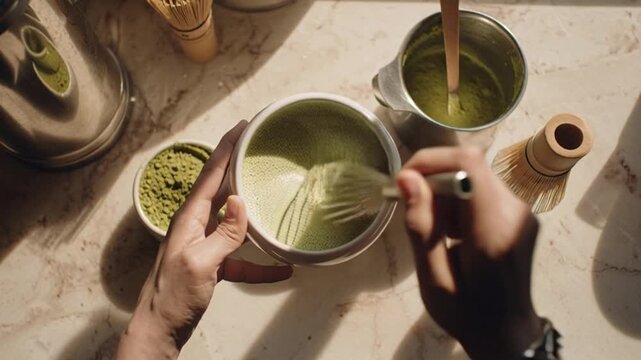 Hands Preparing Matcha Drink with Green Tea Powder and Milk