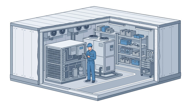 Isometric HVAC Technician Inspecting Industrial Cooling System and Refrigeration Unit with Tablet in Cold Storage Warehouse Facility, Maintenance Service and Technical Repair Concept