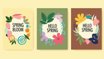 Set of three vertical spring themed posters with abstract floral designs and greeting text in various bright colors.