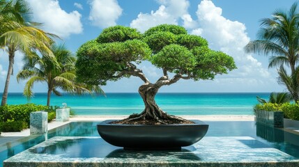 Exquisite bonsai tree with textured trunk overlooking a serene tropical beach and infinity pool