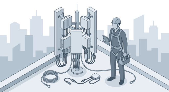 Isometric 5G Telecommunications Tower Maintenance with Technician. Network Engineer Inspecting Cell Site Base Station on Urban Rooftop. Blue Line Art Vector for Connectivity and Infrastructure.