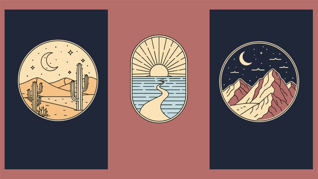 Set of three retro badge illustrations featuring desert landscape seaside path and mountain range at night scene.