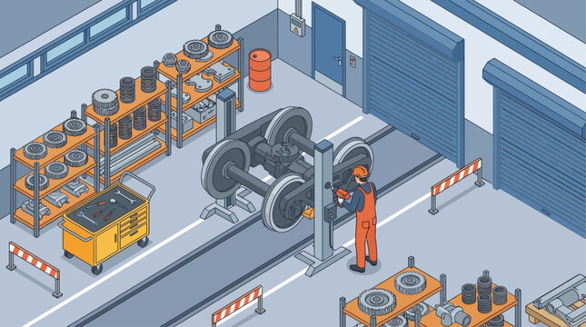 Isometric Railway Maintenance Workshop with Technician Repairing Train Axle Assembly, Industrial Factory Interior for Engineering and Transportation Logistics Services Illustration