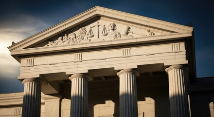 Ancient greek temple with columns and sculptures on pediment under dramatic cloudy sky