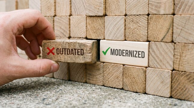 Business modernization concept photo. Hand replacing outdated wooden block with modernized brick. Concept of system upgrade and digital transformation.