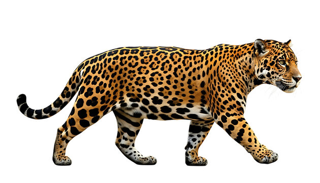 A leopard walks in profile against a black background