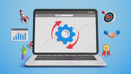 Business Improvement Process Concept. Restructuring, Transformation, Enhance Efficiency, Effectiveness, Implement New Process, Updates , Maintenance. Business Improvement Process on 3D Laptop