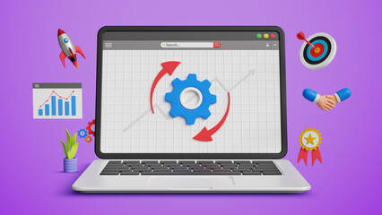 Business Transformation, Performance Enhancing, Restructure Organization, Improve Business Process, Service Updates and Maintenance Concept. System Improvements or Business Process on 3D Laptop