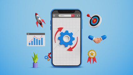 Business Improvement Process Concept. Restructuring, Transformation, Enhance Efficiency, Effectiveness, Implement New Process, Updates , Maintenance. Business Improvement Process on 3D Mobile