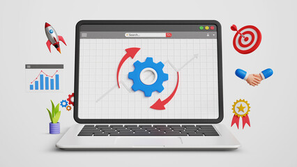Improvement and Process Restructuring Updates, Operational Changes, Workflow Optimization, Policy Revision, System Updates, New Process Implementation. 3D Laptop with Cog for Business Improvements
