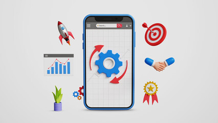 Improvement and Process Restructuring Updates, Operational Changes, Workflow Optimization, Policy Revision, System Updates, New Process Implementation. 3D Smartphone with Cog for Business Improvements