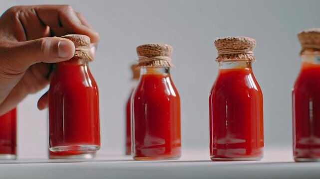 Hand holding a small glass bottle of red liquid from a row of identical bottles on a white surface