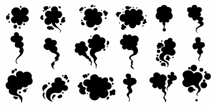 Collection of abstract black smoke or cloud puff shapes on white
