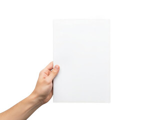 Obraz premium Hand holding blank white paper isolated on transparent background