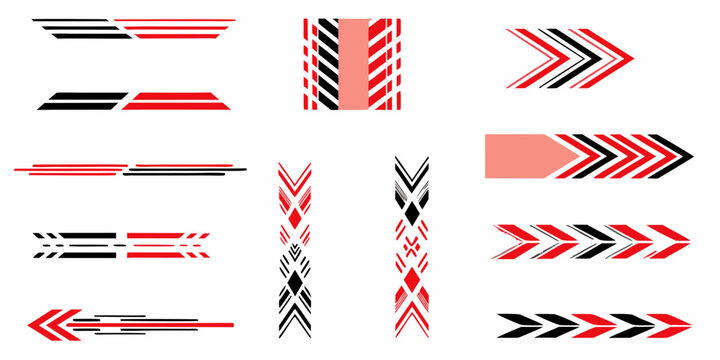 Abstract geometric patterns featuring red and black arrow like shapes