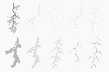 Variations of lightning bolt shapes and shades on a white background