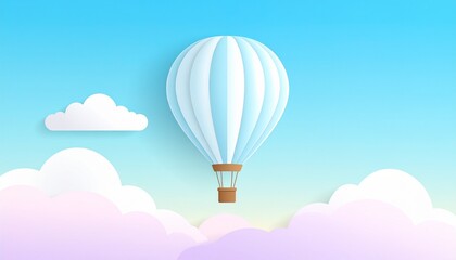Fototapeta premium Hot air balloon floating over colorful clouds at sunrise with basket and flames