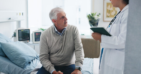Fototapeta premium Old man, doctor and tablet at hospital consultation for medical assessment, test results or update. Retirement health, senior patient and worker with tech for diagnosis, treatment plan and feedback