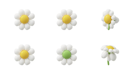 Collection of cheerful daisy flowers with yellow centers and white petals, isolated on a white background, showcasing various angles