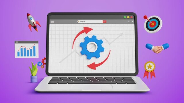 Business Transformation, Performance Enhancing, Restructure Organization, Improve Business Process, Service Updates and Maintenance Concept. System Improvements, Business Process on Laptop. 3D Video