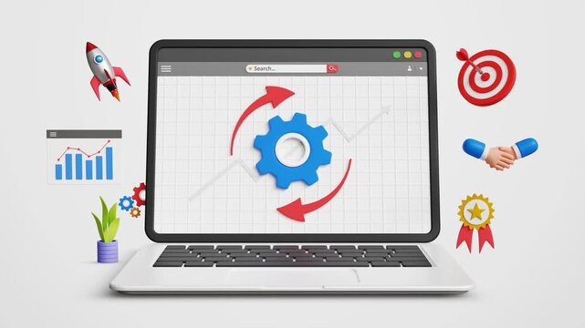 Improvement and Process Restructuring Updates, Operational Changes, Workflow Optimization, Policy Revision, System Updates, New Process Implementation. Laptop with Business Improvements. 3D Video