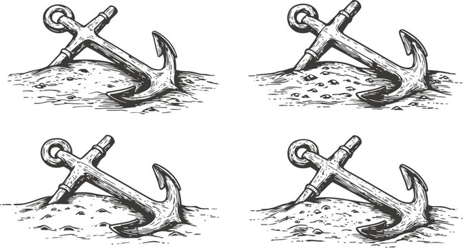 Vintage maritime anchors partially embedded in sand, nautical equipment illustration set